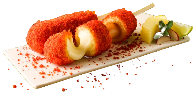 Flamin' Hot Cheetos rice dog with a cheese pull