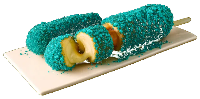 Blue Heat Takis rice dog with a cheese pull
